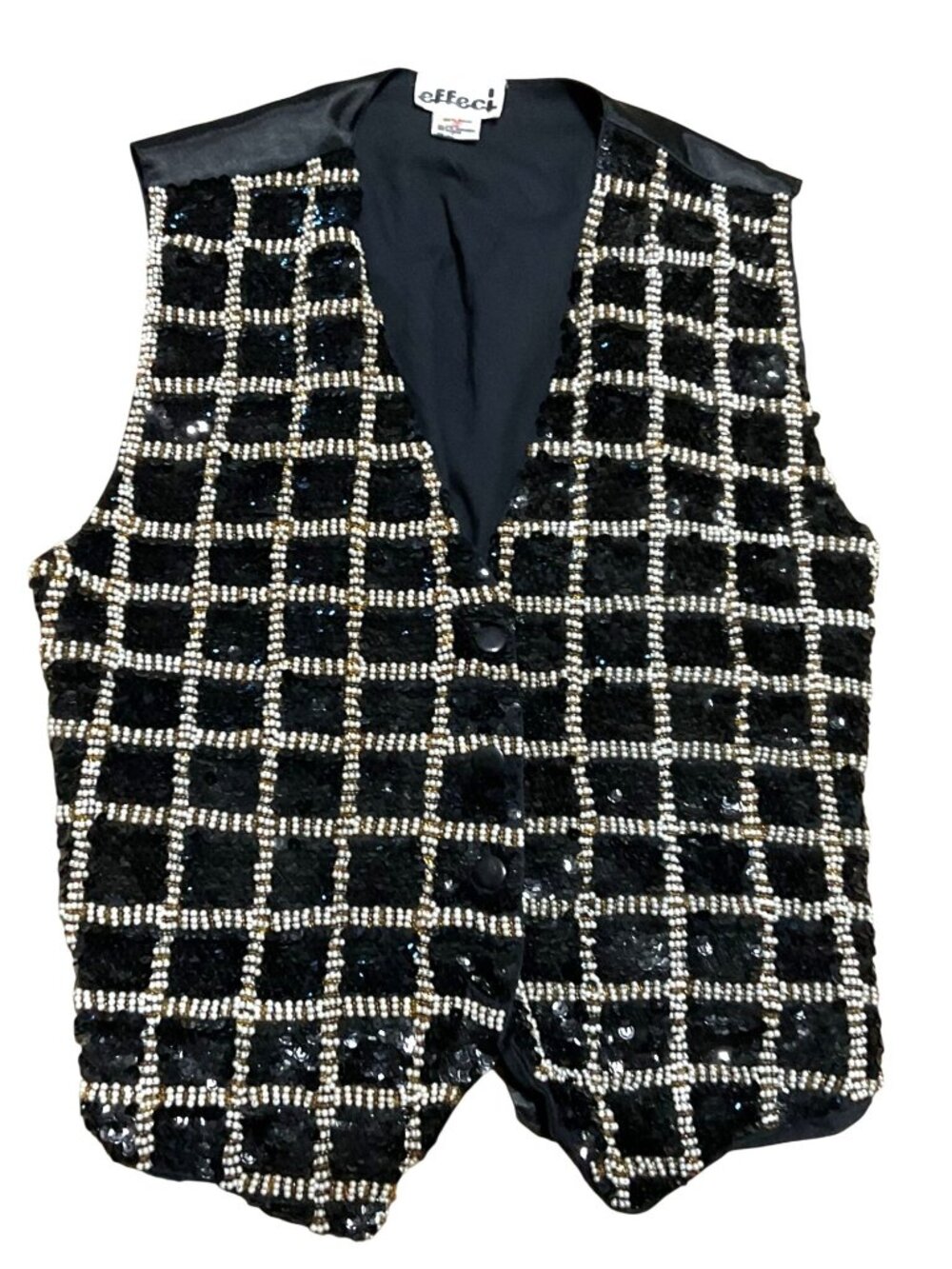 Effeci Black Sequin & Beaded Grid Design Vest Sz Medium Statement Piece Womens
